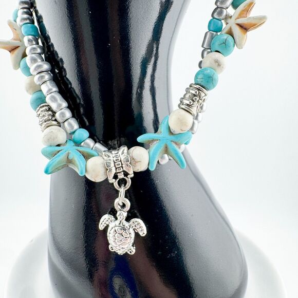 Turquoise 2 Strand Turtle Bracelet Anklet Silver Tone Beach Rustic Retro Sea - Picture 5 of 9